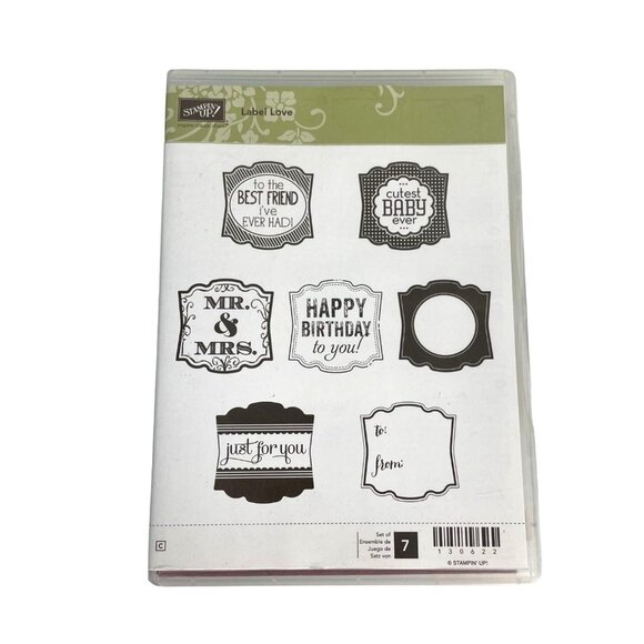 Stampin' Up! Label Love, Set of 7 Rubber Stamps, Gift Tags Wedding Birthday Baby - Picture 1 of 10